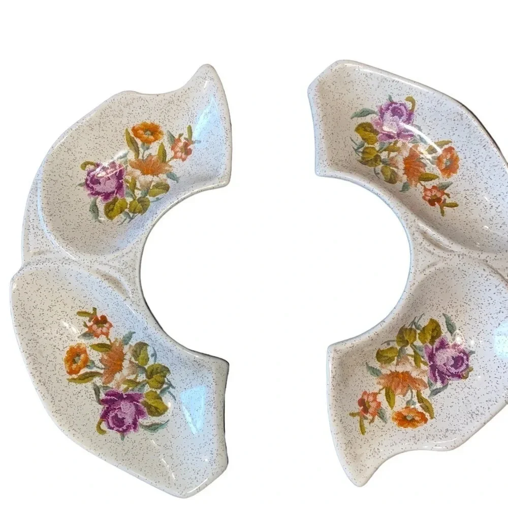 Vintage California pottery needlepoint Floral Lazy Susan appetizer serving dish